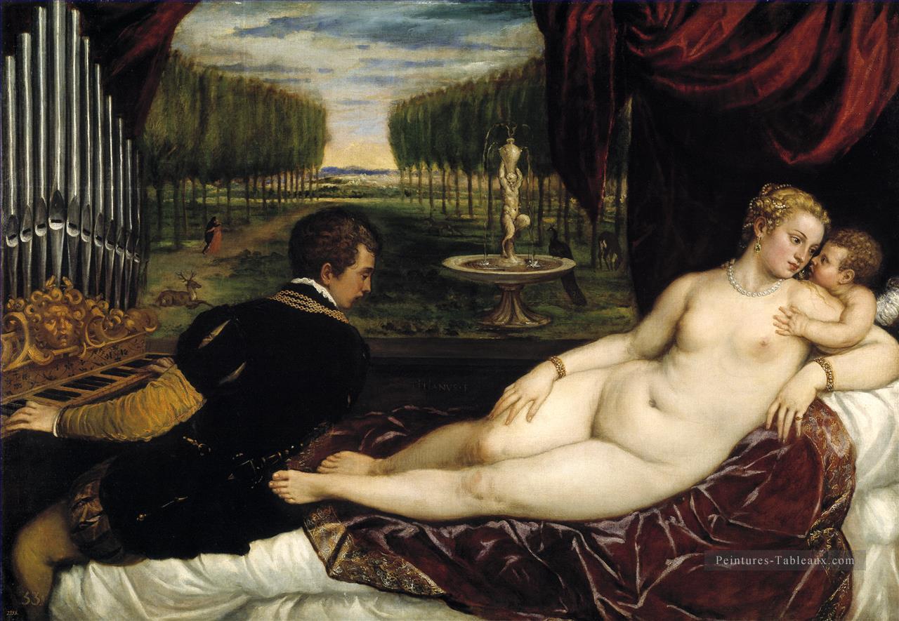 Vénus avec Organiste et Cupidon Nu Tiziano Titien Peintures à l'huile